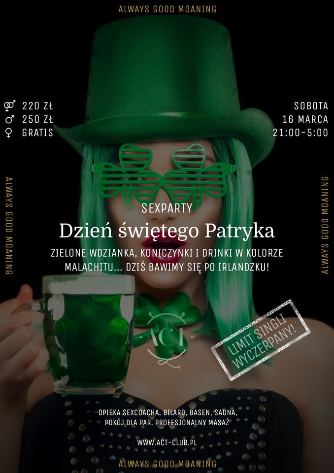 16 MARCA - Dzień świętego Patryka - SexParty - ACTSwingersClubWarszawa